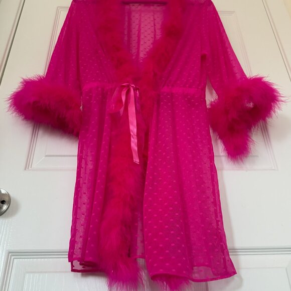Betsey Johnson Pink Sheer Robe with Feather Boa Trim - Picture 10 of 11